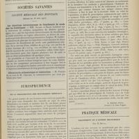 1079 - Page 1067 - Albuminurie orthostatique & tuberculose ; par M. André Chalier / Sociétés savantes. Société médicale des hôpitaux. (Séance du 16 juin 1911). Les injections intraveineuses de bicarbonate de soude chez les diabétiques. MM. Sicard et Salin / Albuminurie orthostatique et tuberculose. M. Poncet, au nom de M. Chalier / Jurisprudence de la prescription des honoraires médicaux. (A suivre). [R. Marcel Petit] / Pratique médicale. Traitement de l'asthme bronchique ; par M. Rocal