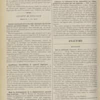 1094 - Page 1082 - Sociétés savantes. Académie de médecine. (Séance du 20 juin 1911). Tumeurs vasculaires sous-cutanées et sous-muqueuses guéries par le radium. Histologie de la régression des angiomes. MM. Wickham et Degrais / Société de biologie. (Séance du 17 juin 1911). Lésions intestinales de la diarrhée chronique des bovidés (entérite paratuberculeuse). MM. Moussu et Faroy / Insuffisance thyroïdienne et appareil hépatique. M. Léopold-Lévi / Mode de développement de la dégénérescence amyloïde dans le cerveau. MM. R. Mignot et L. Marchand... / Influence de l'albumine du suc musculaire sur l'hémoglobinurie provoquée par son injection. MM. Achard et Feuillié / Analyses. Médecine. Lait au salvarsan. (Jesionek. Münch. med. Woch...). [A. Lemierre]