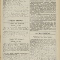 1143 - Page 1131 - Médecine pratique. L'hémostase par le procédé de Momburg. [M. Lance] / Sociétés savantes. Académie de médecine. (Séance du 27 juin 1911). Tuberculose inflammatoire et glandes vasculaires sanguines. M. A. Poncet, en son nom et au nom de M. R. Leriche / Élection / Académie des sciences. (Séance du 19 juin 1911). Coefficient d'empoisonnement dans l'intoxication mortelle oxycarbonique chez l'homme. MM. V. Balthazard et Maurice Nicloux / Effets de la morsure d'un lézard venimeux d'Arizona, l'« Heloderma suspectum » Cope. Mme Marie Phisalix / Glycosurie et saccharosurie consécutives à l'absorption de 100 grammes de sucre / Une cause de radiodermite et préservation. M. Foveau de Courmelles / Pratique médicale. La diathèse urique et la « pipérazine ». Opinions de la presse médicale étrangère