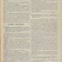 1237 - Page 1225 - Pratique médicale. Les préparations à base de peptone, d'iode, etc. sont-elles des combinaisons définies ? Par M. Y. J. Conte / Livres nouveaux. Les applications pratiques du laboratoire à la clinique. Principes. Techniques. Interprétations des résultats, par E. Agasse-Lafont... avec préface de M. le Professeur G. Hayem / La puériculture sociale, par le Docteur Henri Bouquet. [L. Gayard] / Étude radiographique de la luxation congénitale de hanche, par le Docteur J. Saiget... [J. Andrieu] / Les villes d'eaux. Les stations climatiques françaises, par le Docteur L. Porcheron... [L. Gayard]