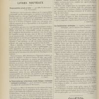 1502 - Page 1490 - Analyses. Chirurgie. L'ascite au cours de la fièvre typhoïde. (Alexander Mac Phedran. The Cleveland medical journal...). [M. Lance] / Livres Nouveaux. Responsabilité pénale et folie ; par MM. P. Dubuisson et A. Vigouroux. [P. Camus] / La tuberculose par arthritisme ; étude clinique, traitement rationnel et pratique, par le Docteur P. Carton... [L. Babonneix] / Les localisations cérébrales, esquisse médicale et psychologique, par le Docteur Jean Ferrand. [P. Camus]