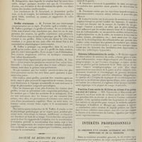 1728 - Page 1716 - Sociétés savantes. Société de chirurgie. (Séance du 18 octobre 1911). Cure radicale d'un spina bifida. M. Savariaud, sur une observation de M. Brouyer... / Greffes ovariennes. M. Tuffier / Société de médecine de Paris. (Séance du 13 octobre 1911). L'acidose diabétique et son traitement. M. Marcel Labbé / Sténoses inflammatoires du cardia. M. Guisez / Ponction d'une ascite de 10 litres au niveau d'un prolapsus total de l'utérus. MM. Dartigues et Mircouche / Intérêts professionnels. La création d'un conseil supérieur des études médicales ou de la médecine