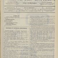 1869 - Page 1857 - Sommaire / Chronique et nouvelles scientifiques. Hôpitaux de Paris / Hôpital d'Alger-Mustapha / Facultés de médecine / Société de médecine militaire / Clinique médicale de l'Hôpital Laennec / Enseignement technique d'histologie / Cours de physique biologique / Nécrologie / Renseignements