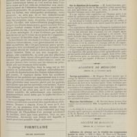 1875 - Page 1863 - Clinique médicale infantile (Hôpital des Enfants-Malades). Septicémie tuberculeuse et typho-bacillose ; par le Professeur Hutinel / Formulaire. Rhume ordinaire. (Trachéo-bronchite a frigore) / Sociétés savantes. Académie des sciences. (Séance du 6 novembre 1911). Sur la digestion de la caséine. M. Louis Gaucher... / Académie de médecine. (Séance du 14 novembre 1911). Vertige auriculaire. M. Eugène Dupuy / Migraine thyroïdienne. M. Netter, sur un travail de MM. Léopold-Lévi et H. de Rothschild / Société de biologie. (Séance du 11 novembre 1911). Influence du glucose sur la vitalité des trypanosoma Lewisi in vitro. MM. C. Biot, R. Biot et G. Richard / Effets physiologiques du sang urémique. MM. Pi-Suñer et Alomar