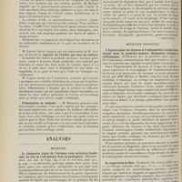 1936 - Page 1924 - Sociétés savantes. Société de chirurgie. (Séance du 22 novembre 1911). Rapports. M. Picqué, sur deux cas de tuberculose génitale chez la femme à propos d'un travail de M. Abadie... / Désinfection exclusive des mains par l'alcool sans savonnage ni lavage préalable. M. Savariaud, sur un travail de M. Marquis... / Rupture de l'urètre par roue de voiture. M. Legueu, sur une observation de M. Gruger... / Présentation de malades. M. Morestin / Analyses. Médecine. La distension aiguë de l'estomac avec occlusion duodénale. Le rôle de l'aérophagie dans sa pathogénie. (Mathieu. Arch. des mal. de l'app. dig. et de la nutrition...). [L. Babonneix] / Médecine infantile. L'hypertrophie du thymus et l'adénopathie trachéo-bronchique dans la première enfance. Diagnostic clinique de radiologique. (D'Oelnitz. Soc. de pédiatrie...). [L. Babonneix] / La respiration de Biot. (Traduit de The Lancet... - La Clinique infantile...). [L. Babonneix]