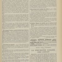 2097 - Page 2085 - Sociétés savantes. Société de médecine de Paris. (Séance du 8 décembre 1911). La déminéralisation pré-tuberculeuse et tuberculeuse. M. le Professeur A. Robin / Du lavement d'huile en position inclinée dans l'obstruction intestinale. M. Dartigues / Traitement des angiomes. M. A. Weill / Assemblée générale. M. Paul Guillon... / Livres nouveaux. Le traitement manuel suédois dans les maladies internes d'après les principes de Henrik Kellgren, par Michel Dentz... / Guide pratique pour l'analyse des urines, par A. Ronchèse... / La surdité. Moyens d'y remédier par la lecture sur les lèvres, par M. E. Boudin... Préface du Docteur H. Vergniaud / Notes pour l'internat. La pneumonie lobaire chez l'enfant