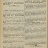 0054 - Page 46 - Sociétés savantes. Académie des sciences. (Séance du 2 janvier 1912). Sur un nouveau moyen de défense de l’organisme : la skeptophylaxie. MM. Lambert, Ancel et Bouin / Académie de médecine. (Séance du 9 janvier 1912). L’habitation et la santé publique à Paris. M. G. Mesureur... / Sur un cas de crises gastriques combinées à des crises de réaction colique. M. Mathieu / Les obsessions dans la psychose périodique. M. Gilbert Ballet / Sur la pleurésie purulente tuberculeuse. M. Marfan / Société de chirurgie. (Séance du 3 janvier 1912). De la réfection vésicale. M. Marion
