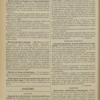 0056 - Page 48 - Sociétés savantes. Société de biologie. (Séance du 7 janvier 1912). Opsonisation des globules rouges par les sérums hémolytiques. MM. Ch. Achard et Ch. Foix / Procédé rapide de diagnostic de l’hypercholestérinémie à l’aide de la saponine. MM. Boidin et Flandin / Microbes peptonés et apeptonés. MM. Besredka, Strödel et Jupille / Globuline et sérums antihémotiques / Etude comparative du pouvoir cétogène de la viande et de la graisse chez le chien. MM. Maignot et Morand / Analyses. Médecine. Diagnostic de la tuberculose par recherche accélérée chez l’animal. (R. Oppenheimer. Münch. med. Woch., 10 oct. 1911...). [A. Lemierre] / Médecine infantile. Péricardite éberthienne. Formule endothéliale de l’épanchement. (Triboulet et Harvier. La clinique infantile, août 1911...). [L. Babonneix] / Chirurgie. Kyste ovarien multiloculaire extraabdominal. (Thomas S. Cullen. Journ. amer. med. assoc... 14 octobre 1911...)
