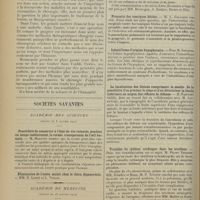 0094 - Page 86 - Séance annuelle de la Société de chirurgie du 17 janvier 1912. Éloge de J.-N. Hennequin (1836-1910) ; par M. E. Rochard... / Sociétés savantes. Académie de sciences. (Séance du 8 janvier 1912). Possibilité de conserver à l'état de vie ralentie, pendant un temps indéterminé, la cornée transparente de l'oeil humain. M. Magitot / Académie de médecine. (Séance du 16 janvier 1912). La vie alternante des tissus en dehors de l'organisme. M. Pozzi / Pronostic des vomiques fétides. M. L. Galliard / Infantilisme d'origine hypophysaire. M. Souques / La localisation des lésions comprimant la moelle. De la possibilité d'en préciser le siège et d'en déterminer la limite inférieure au moyen des réflexes de défense M. Babinski, un travail avec M. Jarkowski / Troubles du rythme cardiaque dans les oreillons. M. Pierre Teissier