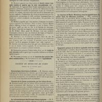 0212 - Page 204 - Sociétés savantes. Société de chirurgie. (Séance du 31 janvier 1912). M. Souligoux : Hématomes sous-pleurétiques / M. Broca, sur une observation envoyée par M. Sourdat... : Ulcération de l'artère péronière par une exostose / M. Michon : Fistule vésico-vaginale traitée et guérie par la voie sus-publienne / Société de médecine de Paris. (Séance du 27 janvier 1912). Gymnastique électrique et obésité. M. Dagron / Ténosite de la jambe occasionnée par les talons élevés. M. Dagron / La radiumthérapie des fibromes hémorragiques. M. H. Chéron / La réaction de Hecht-Weinberg chez les syphilitiques. Sa valeur dans les affections oculaires. MM. Leredde et Rubinstein / Diagnostic précoce de la fièvre typhoïde chez les enfants. M. Depasse / Corps thyroïde et appareil utéro-ovarien. M. Léopold-Lévi