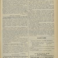 0349 - Page 341 - Analyses. Médecine. Le diagnostic clinique et sérologique des affections syphilitiques du rein. (R. Bauer. Wien. klin. Woch., 19 oct. 1911, n° 42). [A. Lemierre] / Médecine infantile. Un cas d'anasarque chez un nourrisson de deux mois, sans lésions rénales. (P. Nobécourt et Paisseau. Bull. de la Soc. de pédiat., juin 1911). [L. Babonneix] / Troubles de la diadococinésie dans la chorée. (Marfan. Soc. de Pédiat., 21 mars 1911). [L. Babonneix] / Thérapeutique. Évolution des idées thérapeutiques dans l'emploi clinique des opiacés. (Soncourt. Th. de Nancy., 20 janv. 1912). [L. Gayard] / Formulaire. Bronchite chronique (catarrhe bronchique)