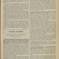 0387 - Page 379 - Médecine pratique. A propos du diagnostic précoce de la fièvre typhoïde. [M. Brelet] / Sociétés savantes. Société médicale des hôpitaux. (Séance du 1er mars 1912). Ulcération phagédénique chancriforme du scrotum et du gland survenue en dehors de toute contamination syphilitique nouvelle au niveau de la cicatrice d'un chancre syphilitique traité deux mois auparavant par les injections d'arsedobenzol. M. Thibierge / Syphilides ulcéreuses chancriformes du prépuce pouvant être prises pour une réinfection chez un syphilitique traité antérieurement par le 606. M. Ravaut / Néphrite chronique avec azotémie progressive. Valeur diagnostique et pronostique de l'azotémie. MM. E. de Massary et Pasteur Vallery-Radot / Le sélénium colloïdal dans le cancer. M. Netter, au nom du Docteur Gascuel... / La réactivation biologique de la réaction de Wassermann comme moyen de diagnostic. M. Henri-Aug. Voisin...