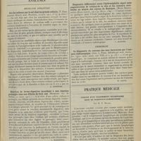 0469 - Page 461 - Intérêts professionnels. A propos du service militaire des étudiants en médecine. [Am. Coyon] / Analyses. Médecine infantile. Sur les oedèmes par le sel chez les grands enfants. (F. Hamburger. Münch. med. Wochens., 21 nov. 1911...). [A. Lemierre] / Réaction de forme digestive succédant à une émotion prolongée chez une fillette de huit ans. (Merklen. Soc. de Pédiat., 21 mars 1911). [L. Babonneix] / Spasme de la glotte, manifestation unique de tétanie. (Triboulet et Harvier. Bull. de la Soc. de pédiat., juin 1911). [L. Babonneix] / Neurologie. Diagnostic différentiel entre l'hydrocéphalie aiguë sans augmentation de volume de la tête et les tumeurs cérébrales au moyen des rayons de Roentgen. (Mario Bertolotti. Revue neurol., 1912...). [L. Alquier] / Chirurgie. Le diagnostic du contenu des sacs herniaires par l'examen radioscopique. (Geo. A. Pirie. Edimburgh med. Journ., fév. 1912...). [M. Lance] / Pratique médicale. Utilité d'un traitement pulmonaire dans le scrofulo-lymphatisme ; par M. E. Delzal
