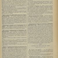 0591 - Page 583 - Sociétés savantes. Société de biologie. (Séance du 30 mars 1912). Note sur la tension artérielle de deux aviateurs, après un vol plané de 2050 mètres d'altitude. M. O. Crouzon / Influence de la bile sur les putréfactions intestinales. M. Roger / Pouvoir toxique des acides aminés obtenus par l'hydrolyse fluorhydrique. M. Lagane / L'arsenobenzol n'empêche pas le développement de la rougeole. MM. Marfan et Lagane / Sur le pouvoir autohémolytique de l'hémoglobine (globules hémolysés). M. E. Zacchiri / Origines et transformations locales des granulations leucocytaires. MM. Mosny, J. Dumont et F. Saint-Girons / Histopathologie des parathyroïdes chez les aliénés. MM. Laignel-Lavastine et P. Duhem / Réactions génitales dans l'anxiété. M. Pierre Bonnier / Contamination du singe par le virus de la poliomyélite déposé dans la cage. MM. Levaditi et Danulesco / Société de médecine de Paris. (Séance du 23 mars 1912). Des fractures des membres. M. Raoult-Deslongchamps / Radiodermite et air chaud. M. Marcel Vignat