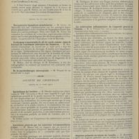 0718 - Page 710 - Sociétés savantes. Académie de médecine. (Séance du 16 avril 1912). Les formes curables de l'hypertension artérielle permanente. M. Ch. Fiessinger / (Séance du 23 avril 1912). Des synergies hypophyso-glandulaires. M. Livon... / Ecchymose transversale du pli du coude comme signe de fracture de l'extrémité inférieure de l'humérus. M. Kirmisson / Société de chirurgie. (Séance du 17 avril 1912). Epithélioma de l'uretère. M. Delbet, une observation de MM. Chevassu et Mock / Anesthésie générale par les injections intramusculaires d'éther. M. Broca, sur un travail de M. Carpentier / Gastro-entérostomie. Vomissements fécaloïdes consécutifs. M. Souligoux / La tuberculose inflammatoire de l'appareil génital de l'homme. M. A. Poncet / Angiome pulsatile du lobule de l'oreille. M. Morestin