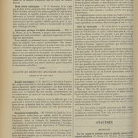 0750 - Page 742 - Sociétés savantes. Société médicale des Hôpitaux. (Séance du 26 avril 1912). Pigmentation de la muqueuse buccale et du voile du palais d'origine indéterminée. MM. H. Dufour et Alardo / Deux frères tabétiques. M. O. Crouzon / Anévrisme aortique d'origine rhumatismale. MM. P. E.-Weill et P.-J. Ménard / Société de médecine militaire française. (Séance du 18 avril 1912). Ectopie testiculaire. M. Moty / Péritonite traumatique. M. Goursolas / Rétrécissements de l'urètre et infection urinaire. M. Batut / Pharyngomycose leptothrixique. M. des Cilleuls / Cure du varicocèle. M. Jacob / Analyses. Médecine. Sur les rapports existant entre la glande pinéale et les organes génitaux. (P. Biach et E. Hulles. Wiener klinische Wochenschrift, 7 mars 1912...). [A. Lemierre]