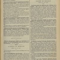 0815 - Page 807 - Sociétés savantes. Académie des sciences. (Séance du 22 avril 1912). Action hypotensive de la guanine. MM. Desgrez et Dorléans / Action de la lumière et de l'eau oxygénée sur les matières albuminoïdes et acides amidés. M. Jean Effront / Les effets de l'irradiation des glandes surrénales en physiologie et en thérapeutique. MM. A. Zimmern et P. Cottenot / Influence favorable exercée sur le développement de certaines cultures par l'association avec le « Proteus vulgaris ». M. A. Trillat / (Séance du 29 avril 1912) / Académie de médecine. (Séance du 7 mai 1912). Une nouvelle médication contre le cancer. M. Letulle / La commission des sérums. M. Netter / Société de biologie. (Séance du 4 mai 1912). Fibrillation isolée des oreillettes sous l'influence de la nicotine. MM. Clerc et Peyzi / Tuberculose péritonéale localisée au territoire correspondant à la résection d'un nerf intercostal. MM. Le Noir et Desbains / Le rôle de la rate dans l'ictère par toluylène-diamine. MM. F. Widal, P. Abrami et M. Brulé