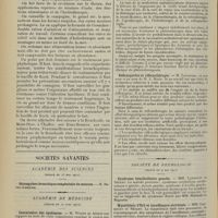 0894 - Page 886 - De l'adénopathie trachéobronchique ; par M. Pierre Maurel... / Sociétés savantes. Académie des sciences. (Séance du 13 mai 1912) / Académie de médecine. (Séance du 21 juin 1912). Commission des épidémies. M. Wurtz, en faisant son rapport au nom de cette commission / Valeur actuelle de la thérapeutique antituberculeuse. M. Louis Rénon / Réflexopathie et réflexothérapie. M. Zaworski, en son nom et au nom de M. A. Marie / Société de neurologie. (Séance du 9 mai 1912). Syndrome hémibulbaire gauche. MM. Landouzy et Sézary / Myasthénie d'Erb et insuffisance surrénale. MM. Landouzy et Sézary