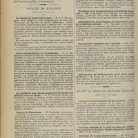 1052 - Page 1044 - Sociétés savantes. Société médicale des hôpitaux. (Séance du 14 juin 1912 [fin]). Sur le traitement spécifique des aortites syphilitiques et des anévrismes de l'aorte. MM. Vaquez et Ch. Laubry / Société de biologie. (Séance du 15 juin 1912). Les lipoïdes du bacille diphtérique. M. P. J. Ménard / Action antihémolytique de l'arsénobenzol. M. R. Demanche / Les lipoïdes du sang. Dosages comparatifs des lipoïdes des globules frais et du sérum. M. H. Iscovesco / Réaction de Wassermann. M. Tribondeau / Présence du vibrion cholérique dans la vésicule biliaire. MM. Defressine et Cazeneuve / Anaphylaxie alimentaire. Sa durée. M. Ch. Richet / Persistance de la leucocytose après une injection de peptone. MM. Lassablière et Ch. Richet / Recherches histo-physiologiques sur les premiers stades de la sécrétion urinaire. M. Policard / Destruction du complément par l'agitation. MM. Courmont et Dufourt... / Agglutination du bacille morveux par le sérum normal de cheval. M. Oguda / Société de médecine militaire française. (Séance du 5 juin 1912). A propos du traitement préventif du paludisme. M. Romary / Anévrisme de la sous-clavière droite. M. Gruet