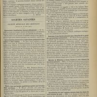 1115 - Page 1107 - Médecine pratique. Les convulsions (éclampsie infantile). [M. Brelet] / Sociétés savantes. Société médicale des hôpitaux. (Séance du 28 juin 1912). Lipomatose à localisation thoraco-abdominale. M. Pagniez / La localisation initiale de la tuberculose pulmonaire chez l'enfant et chez l'adulte. M. Rist / Chorée chez une hérédo-syphilitique guérie par le traitement spécifique. M. Milian / Chutes brusques de la température au cours de la fièvre typhoïde à la suite d'ingestions médicamenteuses. MM. Hirtz et Croissant / Guérison d'une fistule pleurale sans résection de la paroi par gymnastique pulmonaire. M. Henri Dufour / Maladie de Mikulicz à forme fruste et avec absence de sécrétion salivaire. MM. J.-A. Sicard et Leblanc / Alcoolisation du nerf saphène externe dans les algies du bord externe du pied. MM. J.-A. Sicard et Leblanc