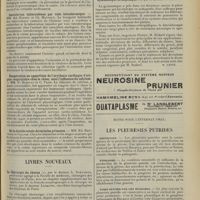 1697 - Page 1689 - Sociétés savantes. Société de biologie. (Séance du 19 octobre 1912). Pouvoir thérapeutique de l'urine après injection d'arsenobenzol (salvarsan d'Ehrlich). MM. Paul Salmon et Browne / Inoculation tuberculeuse par voie intradermique. MM. Ed. Burnet et Ch. Mantoux / Exagération ou apparition de l'arythmie cardiaque d'origine respiratoire chez le chien, sous l'influence du calcium. MM. H. Busquet et C. Pezzi / De la double rotule de certains primates. MM. Ed. Retterer et Vallois / Livres nouveaux. La chirurgie du thorax, par le Docteur A. Schwartz... ; avec un chapitre supplémentaire sur les Applications de la broncho-oesophagoscopie à la chirurgie du thorax, par le Docteur Lemaitre... [M. Lance] / Gymnastique orthopédique, par le Docteur P. Redard. [M. Lance] / Notes pour l'internat (oral). Les pleurésies putrides