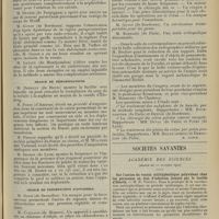 1741 - Page 1733 - XXVe Congrès de l'Association française de chirurgie. Questions diverses. Organes génitaux de l'homme. Reins. Vessie. M. Cathelin... : Bénignité opératoire dans les calculs du rein / M. Devèze... : Un cas de Tumeur pararénale / M. Guyot... : Kyste hydatique de la région paraprostatique / M. Lavaux... : Abus de la cystoscopie et du cathétérisme des uretères / Séance de démonstrations. M. Dehelly... : Transfusion du sang / M. Perdu... : Procédé d'amputation dans la continuité de la cuisse / M. Destot... : Présence d'un fragment postérieur du tibia / Séance de présentation d'appareils. M. Danis... : Un masque pour la baronarcose / M. Gourdet : Instrumentation pour le visage des os / M. Veras... : Un appareil pour la correction du genu valgum / Sociétés savantes. Académie des sciences. (Séance du 21 octobre 1912). Sur l'action du vaccin antityphoïdique polyvalent chez les personnes en état d'infection latente par le bacille d’Eberth. M. H. Vincent
