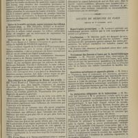 1855 - Page 1847 - Sociétés savantes. Société de neurologie. (Séance du 7 novembre 1912). Elongation du plexus solaire comme traitement des crises gastriques du tabes. MM. Souques et Vallery-Radot / Syndrome de Brown-Séquard. M. Guillain / Lésion de la moelle cervicale, aspect atypique des réflexes de l’avant-bras. MM. Déjerine, Quercy et Aumentié / Observations de 4 cas de maladie de Friedreich. MM. Pierre Marie et J. Thiers / Note relative à un phénomène de flexion des orteils. MM. Pierre Marie et J. Thiers / Adéno-lipomatose. M. Trénel / Nystagmus et épilepsie. M. Trénel / Tubercules des centres nerveux. M. Dufour / Société de médecine de Paris. (Séance du 8 novembre 1912). Hypertrophie prostatique. M. Lavenant / L'anthracose. M. Smester / Traitement des fissures à l'anus par la bactériothérapie lactique. M. Pouliot / Gouttières métalliques et appareils plâtrés. M. Dupuy de Frenelle / La déclaration obligatoire de la tuberculose. M. Dignat, observer à M. le Professeur Letulle