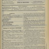 1861 - Page 1853 - Sommaire / Chronique et nouvelles scientifiques. Hôpitaux de Paris / Asiles d’aliénés / Fausse nouvelle / Les médecins français sur le théâtre de la guerre / Propositions de lois / Un journal médical réellement international / Formalités à remplir par les docteurs en médecine étrangers pour pouvoir exercer leur art au Pérou