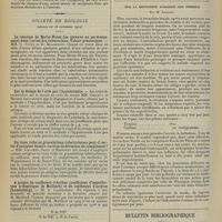 1872 - Page 1864 - Sociétés savantes. Académie de médecine. (Séance du 19 novembre 1912). Mission du poste sanitaire international de Vintimille. M. Barbari... / Société de biologie. (Séance du 16 novembre 1912). La réaction de Moriz-Weisz (ou épreuve au permanganate) dans l'urine des tuberculeux. Valeur pronostique. MM. G. Vitry et D. Mladenoff / Sur le dosage de l'urée par l’hypobromite / Un tissu riche en granulations tuberculeuses peut-il servir d'antigène dans la réaction de déviation du complément ? MM. Gaucher, Salin et Bricourt / A propos du coefficient d'Arthus (coefficient d'imperfection uréogénique de Maillard) et du coefficient d'acidose (Lanzenberg). M. A. Lanzenberg / Notes de thérapeutique. Sur la bronchite subaiguë non fébrile ; par M. Lastoul / Bulletin bibliographique