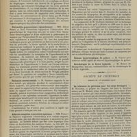 2096 - Page 2088 - Sociétés savantes. Société médicale des hôpitaux. (Séance du 20 décembre 1912). Insuffisance surrénale et pseudo-perforation au cours d’une fièvre typhoïde adynamique. M. Stéphen Chauvet / Fibromyome de l'oesophage. Diverticule par traction. MM. H. Dufour et Meurisse / Pericardite gonococcique à épanchement. MM. Albert Robin et Noël Fiessinger / Periostite sterno-costale. M. Siredey / Affection sanguine à caractères spéciaux. MM. Pissavy et Thibaud / Les ictères de sécrétion et l'hépatisme. M. Frantz Glénard / Société de chirurgie. (Séance du 28 décembre 1912). La tolérance du péritoine pour les corps étrangers. M. Walther / Tube protecteur des sondes. M. Bazy