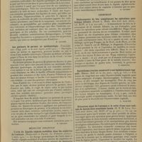 0041 - Page 29 - Analyses. Médecine. La concentration moléculaire des liquides gastriques et l'activité de dilution de l'estomac (Loeper et J. Thinh. Arch. des maladies de l'appareil digestif...). [B. Gayard] / Les porteurs de germes en épidémiologie. (Vaillard. Ann. d'hyg. publ. et de méd. légale...). [B. Gayard] / Médecine infantile. L'urée du liquide céphalo-rachidien dans les néphrites de l'enfance. (Nobécourt et Darré. La Pédiatrie pratique...). [B. Gayard] / Chirurgie. Déplacements du foie compliquant les opérations pour lithiase biliaire. (Frank L. Hupp. New-York med. Journ...). [F. Gardner] / Epithélioma ovarien consécutif à une hystérectomie vaginale. (Mériel. Bull. de la Soc. anat...). [L. Alquier] / Dilatation aiguë de l'estomac à la suite d'une cure radicale de hernie sous anesthésie locale. (H. H. M. Lyle. New-York med. Journ...). [F. Gardner] / Ophtalmologie. Le mercure colloïdal électrique (Electr = Hg) en thérapeutique oculaire. (D. Bruno. Rivista int. di clinica o terapia...). [L. Gayard]