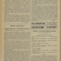 0042 - Page 30 - Analyses. Ophtalmologie. Le mercure colloïdal électrique (Electr = Hg) en thérapeutique oculaire. (D. Bruno. Rivista int. di clinica o terapia...). [L. Gayard] / Livres nouveaux. Traité de laryngoscopie et de laryngologie opératoire et clinique, par le Docteur Th. Heryng..., traduction française par le Docteur Ch. Siems. [J. Fournié] / Actes de la Faculté de médecine de Paris du 13 au 18 janvier 1913. Examens de doctorat / Thèses