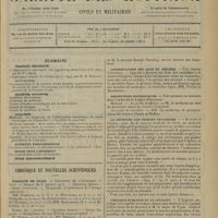0045 - Page 33 - Sommaire / Chronique et nouvelles scientifiques. Hôpitaux de Paris / Facultés de médecine / Conservatoire des arts et métiers / Distinctions honorifiques / La médecine par pigeons voyageurs / L'hygiène publique et la légalité / Renseignements