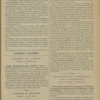 0053 - Page 41 - Actualités. La conservation de la teinture d'iode dans les approvisionnements du service de santé. Un nouveau procédé de préparation extemporanée de la teinture d'iode / Sociétés savantes. Académie des sciences. (Séance du 30 décembre 1912). Vaccin antistaphylococcique sensibilité vivant. MM. Michel Cohendy et D. M. Bertrand / Académie de médecine. (Séance du 7 janvier 1913). Vie autonome d'appareils viscéraux séparés de l'organisme, d'après les nouvelles expériences du Docteur Alexis Carrel. M. Pozzi / Le pain véhicule de la diphtérie. M. René Moreau / Société d'études scientifiques sur la tuberculose. (Séances de novembre et décembre 1912). Action isolée et combinée de la péronine, de la thébaïne, de la narcéine, de la papavérine et de l'hélénine sur la toux des phtisiques. M. Louis Rénon