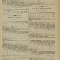 0055 - Page 43 - Sociétés savantes. Société d'études scientifiques sur la tuberculose. (Séances de novembre et décembre 1912). Les granules de Much. M. Mathieu-Pierre Weil / Election du bureau / Société de biologie. (Séance du 4 janvier 1913). Nouvelles recherches sur la thérapeutique mercurielle des spirilloses (spirilloses des poules, syphilis du lapin). MM. L. Launoy et C. Levaditi / Bacillurie lépreuse. M. L. Lagane / Sur les injections intraveineuses de solutions sucrées hypertoniques au cours des états toxi-infectieux. MM. Ed. Enriquez et R. A. Gutmann / Les relations fonctionnelles entre le foie et les parathyroïdes. M. L. Morel / Société de médecine de Paris. (Séance du 28 décembre 1912). Détermination de l'insuffisance fonctionnelle du rein par la méthode d'Ambard. MM. Carrion et Ch. Guillaumin / Une observation intéressante de tuberculose rénale. M. Le Fur / Traitement de la goutte. M. Guelpa