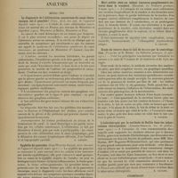 0056 - Page 44 - Sociétés savantes. Société de médecine de Paris. (Séance du 28 décembre 1912). Traitement de la goutte. M. Guelpa / Analyses. Médecine. Le diagnostic de l'oblitération cancéreuse du canal thoracique est-il possible ? (Piot. Arch. des mal. de l'appareil digestif...). [B. Gayard] / Syphilis du pancréas. (Jean Walter-Sallis. Arch. des mal. de l'appareil digestif...). [B. Gayard] / Médecine infantile. Mort subite chez un enfant (caverne ganglionnaire ouverte dans la trachée). [Halipré. La Pédiatrie pratique...]. [B. Gayard] / Etude du beurre dans le lait de femme par la centrifugation. (Plauchu et R. Rendu. La Pédiatrie pratique...). [B. Gayard] / L'héliothérapie par la méthode de Rollin dans les tuberculoses chirurgicales. (Armand-Delille. Soc. de pédiat...). [B. Gayard] / Chirurgie. Excision transstomacale d'un ulcère calleux de la paroi postérieure de l'estomac. (William J. Mayo. Ann. Surg...) - Possibilité de diagnostiquer les ulcères chroniques indurés de la face postérieure de l'estomac et technique de leur excision. (John E. Summers. Journ. Amer. med. assoc...). [F. Gardner]