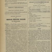 0074 - Page 62 - Sociétés savantes. Société de chirurgie. (Séance du 8 janvier 1913). Présentation de malades et de pièces. M. Morestin / Memento thérapeutique. Tuberculose pulmonaire chronique / Articles originaux des principales publications françaises et étrangères. Policlinico / Riforma medica / Actes de la Faculté de médecine de Paris du 20 au 25 janvier 1913. Examens de doctorat / Thèses