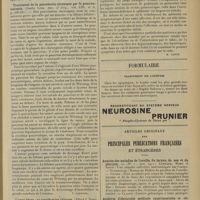 0089 - Page 77 - Analyses. Enorme tumeur du rein gauche simulant une hypertrophie splénique. Réaction de Weinberg très positive, opération, autopsie, pas de kyste hydatique. (Weill, Mauriquant et Gardère. La Pédiatrie pratique...). [B. Gayard] / Traitement de la pancréatite chronique par la pancréatostomie. (Goethe Link. Ann. of Surg...). [F. Gardner] / L'anus béant : sa signification clinique. (Alfred J. Zobel. California state. Journ. of med...). [M. Lance] / Formulaire. Traitement de l'apepsie / Articles originaux des principales publications françaises et étrangères. Annales des maladies de l'oreille, du larynx, du nez et du pharynx / Archives d'électricité médicale expérimentales et cliniques