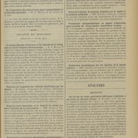 0103 - Page 91 - Académie de médecine. (Séance du 14 janvier 1913). Etude d'acoustique pour l'audition et la phonation. M. André Castex / De l'importance des voies d'accès dans l'enseignement de la médecine opératoire. M. A. Mignon / Société de biologie. (Séance du 11 janvier 1913). La plaque blanche rétinienne et les lipoïdes de la rétine, dans un cas de rétinite albuminurique. M. J. Mawas / Résultats de l'ingestion des vibrions cholériques par les lézards. M. Goere / Rapports entre l'hémolyse et la toxicité du sérum humain. Influence de la réactivation. MM. Rénon et Thibaut / Anaphylaxie et immunité alimentaires expérimentales à l'ovo-albumine. MM. G. Laroche, Ch. Richet fils et Saint-Girons / Action de l'extrait de prostate humaine sur la vessie et la pression artérielle. MM. Batter et Boulet / Traitement antigonococcique au moyen d'injections sous-cutanées de virus-vaccins sensibilisés vivants. M. Cruveilhier / Recherches histologiques sur les lipoïdes de la moelle épinière. MM. Laignel-Lavastine et Jonnesco / Analyses. Médecine. Sur un cas de crises gastriques tabétiques combinées à des crises de réaction colique. (A. Mathieu. Arch. des mal. de l'appareil digestif...). [B. Gayard] / Médecine infantile. Etat méningé à lymphocytes d'origine indéterminée. Syndrome méningitique généralisé consécutif à un zona thoracique. (Eschbach... La Pédiatrie pratique...). [B. Gayard]