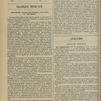 0120 - Page 108 - Formulaire. Pulvérisations dans la dysphagie douloureuse des tuberculeux / Pratique médicale. Bronchites aiguës infectieuses, symptômes et traitement / Analyses. Médecine infantile. Sur l'infantilisme. (Mme M. de Biehler. Arch. de méd. des enfants...). [B. Gayard] / Chirurgie. Traitement des anévrismes sacciformes par l'introduction d'un fil métallique et l'électrolyse. (Hobart Amory Hare. Journ. of the amer. med. assoc...). [F. Gardner]