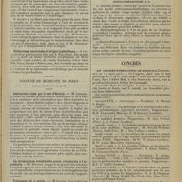 0217 - Page 205 - Sociétés savantes. Société de chirurgie. (Séance du 29 janvier 1913). Blessure des sinus de la dure-mère. M. Morestin / Perforations intestinales d'origine typhoïdique / Société de médecine de Paris. (Séance du 25 janvier 1913). Guérison du tabes par le sel d'Ehrlich. M. Leredde / Les intoxications intestinales graves surajoutées à l'appendicite. M. Bonneau / Traitement de la goutte. M. Guelpa / Pharmacologie. Dioxyanthraquinose I. 8 / Congrès. XVIIe Congrès international de médecine (Londres, du 6 au 12 août 1913)