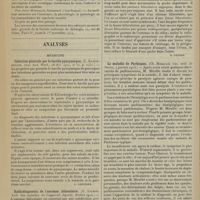 0264 - Page 252 - Sociétés savantes. Prix à décerner en 1914. (Séance annuelle de 1915) / Analyses. Médecine. Infection générale par le bacille pyocyanique. (C. Klieneberger. Deut. med. Woch...). [A. Lemierre] / Radiodiagnostic de l'estomac biloculaire. (O. Legros. Arch. des maladies de l'appareil digestif...). [B. Gayard] / La maladie de Parkinson. (Ch. Mirallié. Gaz. méd. de Nantes...). [M. Brelet]