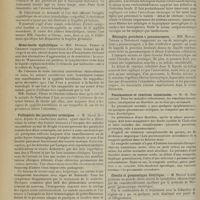 0374 - Page 362 - Sociétés savantes. Société médicale des Hôpitaux. (Séance du 21 février 1913). Ictère hémolytique congénital d'origine hérédo-syphilitique. MM. Ed. Fournier et Ed. Joltrain / Hémichorée syphilitique. MM. Dufour, Thiers et Charron / Pathogénie des paralysies urémiques. M. Henri Dufour / Un cas de méningite cérébro-spinale à paraméningocoque. MM. Menetrier et Legrain / Méningite purulente à pneumocoques. MM. Monier-Vinard et Donzelot / Pneumococcie et réactions intestinales. M. H. Triboulet / Obésité et gymnastique électrique. M. Marcel Labbé / Société de chirurgie. (Séance du 19 février 1913). Lavage de la cavité abdominale à l'éther. M. Souligoux