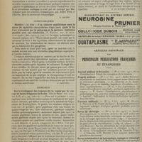 0378 - Page 366 - Analyses. Médecine infantile. De la péricardite purulente chez les enfants et quelques considérations sur la péricardite traumatique. (V. Imerwal. Arch. de méd. des enfants...). [B. Gayard] / Syphiligraphie. Récidive « in situ » d'un chancre syphilitique sous la forme de syphilide chancriforme vingt jours après la fin d'un traitement par le salvarsan et le mercure. Confusion possible avec une réinfection. (P. Ravaut. Ann. de derm. et de syphil...). [P. Gastinel] / Chirurgie. Sur le traitement des tumeurs de la vessie par le courant de haute fréquence de Oudin. (Edwin Beer. Ann. surg...). [F. Gardner] / Etiologie du genu valgum chez l'adolescent d'après l'étude radiologique. (Braünig. Beitr. zur klinis. Chir...). [R de Butler d'Ormond] / Articles originaux des principales publications françaises et étrangères. Journal médical de Bruxelles / Progrès médical / Province médicale / Revue de chirurgie / Revue hebdomadaire de laryngologie, otologie et rhinologie / Semaine gynécologique / Semaine médicale