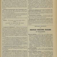 0393 - Page 381 - Sociétés savantes. Société de biologie. (Séance du 22 février 1913). Sur le perméabilité de la vessie. M. Nicloux et Mlle Nowicka / Action vaso-dilatatrice pénienne de l'extrait prostatique. MM. Hallion, Morel et Papin / Recherches chromométriques dans l'intoxication saturnine. MM. Carcanague et Maurel / Election / Société de médecine de Paris. (Séance du 22 février 1913). A propos de la désinfection. Rapport de M. Dignat / Les huîtres et la fièvre typhoïde à Paris (suite). M. Gillet / Les intoxications intestinales surajoutées à l'appendicite. M. Peraire / Familles thyroïdiennes et dysendocriniennes. M. Léopold-Lévi / Influence du spasme de l'urètre dans les paralysies vésicales d'origine neurasthénique. M. D. Courtade / Transformisme et pathologie. M. Klotz / Nouveaux accidents par l'arsenobenzol (gingivite ulcéreuse nécrosante). M. H. Bulliard / Articles originaux des principales publications françaises et étrangères. Revue de médecine / Revue neurologique / Revue de pathologie comparée / Revue de psychothérapie et de psychologie appliquée / Toulouse médical