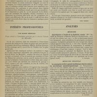 0424 - Page 412 - Sociétés savantes. Société médicale des Hôpitaux. (Séance du 28 février 1913). Etude d'une crise de grande azotémie. MM. Mosny et Javal / Intérêts professionnels. Une maison médicale. Projet soumis à l'Association générale par le Docteur Sarles... [Léon Imbert] / Analyses. Médecine. Contribution à l'étude de la diphtérie nasale. (Mme Mathilde de Biehler et Bodgan Korybut-Daskiewickz. Arch. de méd. des enfants...). [B. Gayard] / Médecine infantile. La méningite cérébro-spinale épidémique chez les enfants. La sérothérapie antiméningococcique. (A. Papanagiotu. Arch. de méd. des enfants...). [B. Gayard] / La butyro-réaction de Noguchi-Moore dans la poliomyélite antérieure aiguë. (Mello Leitao. Arch. de méd. des enfants... [B. Gayard]