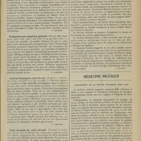 0455 - Page 443 - Analyses. Chirurgie. Nouvelles recherches sur l'anesthésie par l'insufflation intratrachéale d'air et d'éther. (Charles A. Elsberg. Ann. of surg...). [F. Gardner] / Trépanation pour apoplexie cérébrale. (John D. Milligan. Journ. Amer. med. assoc...). [F. Gardner] / Infection hématogène aiguë du rein. (Frédéric J. Cotton. Ann. Surg...). [F. Gardner] / Kyste dermoïde du raphé périnéal. (Etienne et Aimes. Soc. des sc. méd. de Montpellier...). [L. Gayard] / Thérapeutique. Action du sérum de cheval dans un cas de suppuration osseuse. (Mauriac. Journ. de méd. de Bordeaux...). [L. Gayard] / Médecine pratique. Traitement de la fièvre typhoïde sans lait
