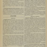 0472 - Page 460 - Sociétés savantes. Société médicale des Hôpitaux. (Séance du 9 mars 1913). Gros abcès dysentérique du foie ouvert dans les bronches : guérison par le traitement chirurgical et les injections d'émétine. MM. Flandin et René Dumas / La courbe thermique dans la fièvre récurrente. M. Lafforgue / Analyses. Médecine. Le diabète bronzé. (Marcel Labbé. Arch. des mal. de l'app. dig...). [B. Gayard] / Lithiase biliaire : bacilles typhiques vivants trouvés dans les calculs trente-deux ans après la fièvre typhoïde. (Charles N. Dowd, New-York Surg. Soc...). [F. Gardner] / A propos du diagnostic radiologique de l'estomac biloculaire. (Cerné et Delaforge. Arch. des mal. de l'app. dig...). [B. Gayard] / Médecine infantile. Emphysème généralisé. (Hutinel. La pédiatrie pratique...). [B. Gayard] / Un cas de tache bleue mongolique avec examen histologique. (R. Porak. Soc. de pédiat...). [B. Gayard]