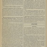 0486 - Page 474 - Sociétés savantes. Société de biologie. (Séance du 8 mars 1913). Diminution du rapport azoturique humoral dans différents états pathologiques. M. A. Javal / La glycosurie hypophysaire chez les tuberculeux. MM. Claude, Baudouin et Porak / Effets de bicarbonate de soude et du chlorure de sodium sur l'excrétion chlorurique et uréique. MM. Achard et Ribot / Etiologie du pied de Madura. M. Remlinger / Sur la sidérose viscérale. MM. Chalier, Nové-Josserand et Boulud / Sur les résultats de la néphrotomie chez le lapin. M. J. Murand / Modifications de la formule d'Arneth sous l'influence du radium. MM. Rebattu, Brissaud et Richard / Analyses. Médecine. De la microgastrie. (Roger Glénard et Jaugeas. Arch. des mal. de l'app. dig...). [B. Gayard]