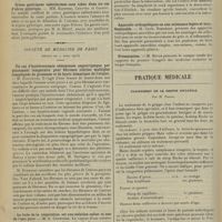 0520 - Page 508 - Sociétés savantes. Société de neurologie. (Séance du 6 mars 1913). Myotonie avec amyotrophie. Mme Long-Landry / Crises gastriques tabétiformes sans tabes dans un cas d'ulcus pylorique. MM. Babinski, Chauvet et Gastou / Société de médecine de Paris. (Séance du 7 mars 1913). Un cas d'hystérectomie abdominale angiotripsique par pincement temporaire pour fibromes utérins multiples compliqués de grossesse et de kyste hématique de l'ovaire. M. Dartigues / La buée de la respiration est une solution saline et non de l'eau pure. M. A. Courtade / La réaction de Moriz-Weisz (ou épreuve du permanganate) dans l'urine des tuberculeux, sa valeur pronostique. M. C. Vitry / Appareils orthopédiques en une substance légère et ininflammable. M. Carle Roederer / Présentation. M. Butte / Pratique médicale. Traitement de la grippe infantile ; par M. Fridal